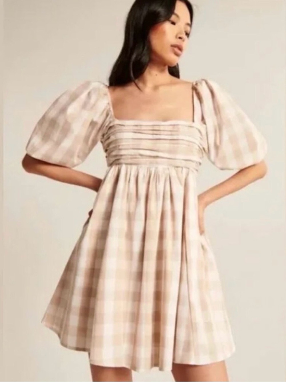 Viral Tik Tok Abercrombie & Fitch Emerson Gingham Mini Dress in Beige Size XS